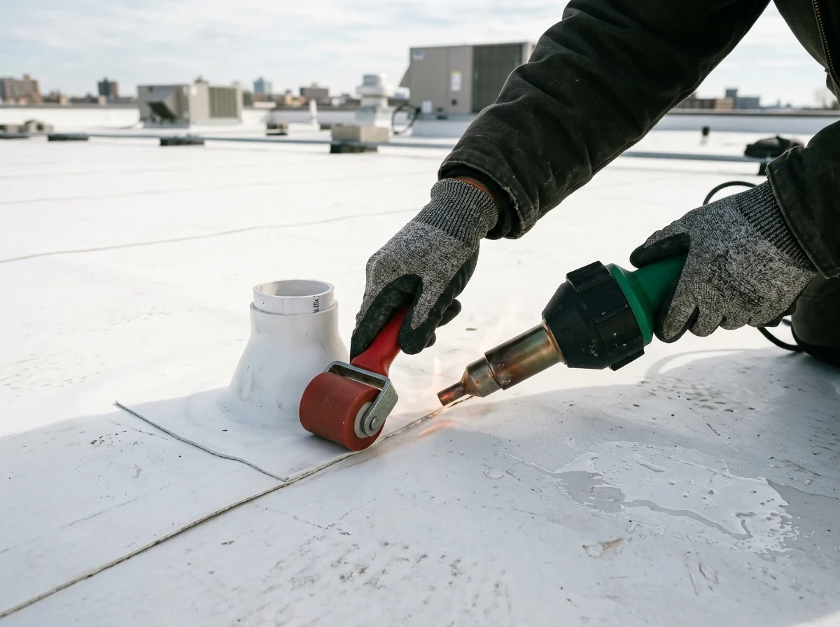 Hand-held hot-air welder sealing a seam on a white single-ply flat roof