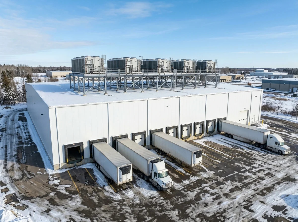 Flat roof over a refrigerated warehouse with insulated metal panel walls and condensing units