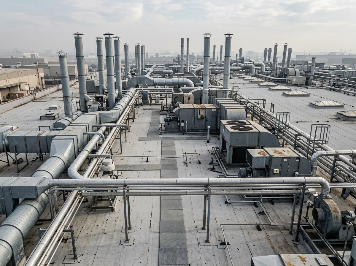 Industrial flat roof crowded with exhaust stacks, make-up air units and walkway pads
