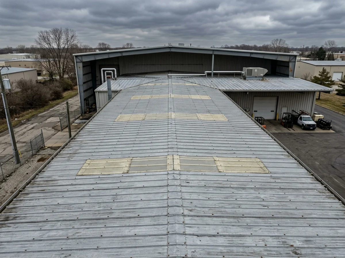 Exposed-fastener metal panel roof on a pre-engineered industrial building
