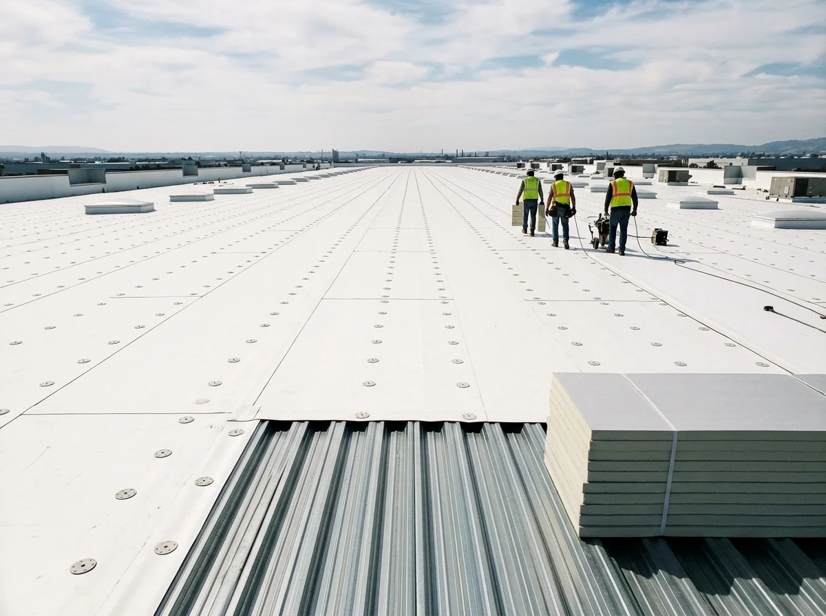 Mechanically fastened white membrane over insulation on a large steel-deck warehouse roof