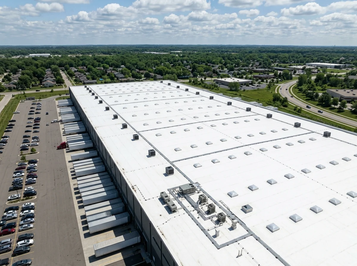 Rows of skylights and smoke vents across a large flat warehouse roof