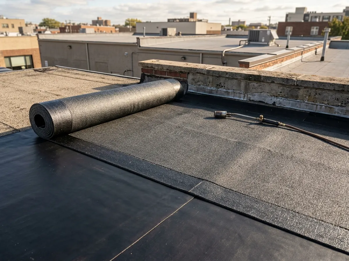 APP modified bitumen roll partly unrolled on a base sheet near a parapet on a flat roof