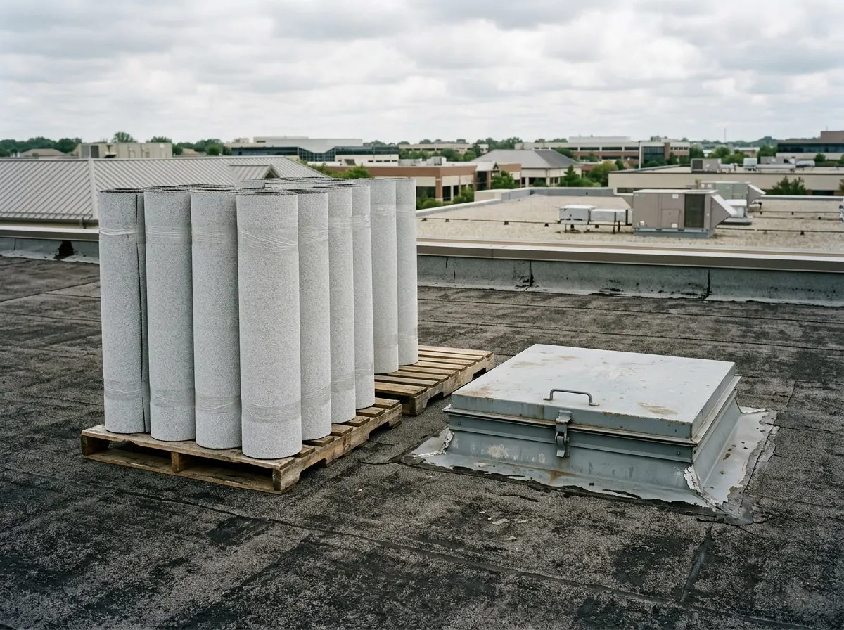 Rolls of granulated SBS modified bitumen cap sheet staged on a flat commercial roof beside a hatch