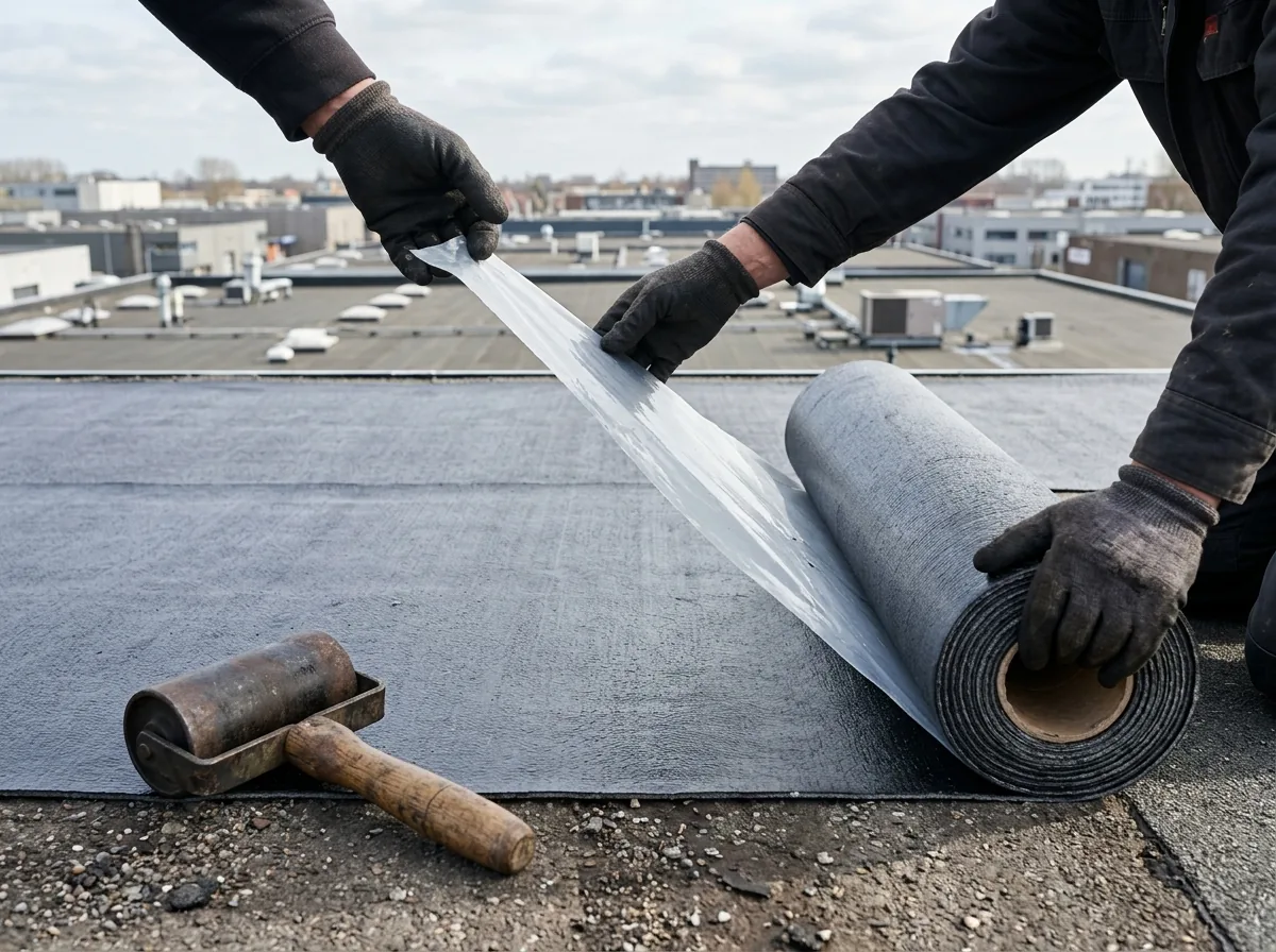 Self-adhered modified bitumen sheet being rolled out as its release film is peeled away