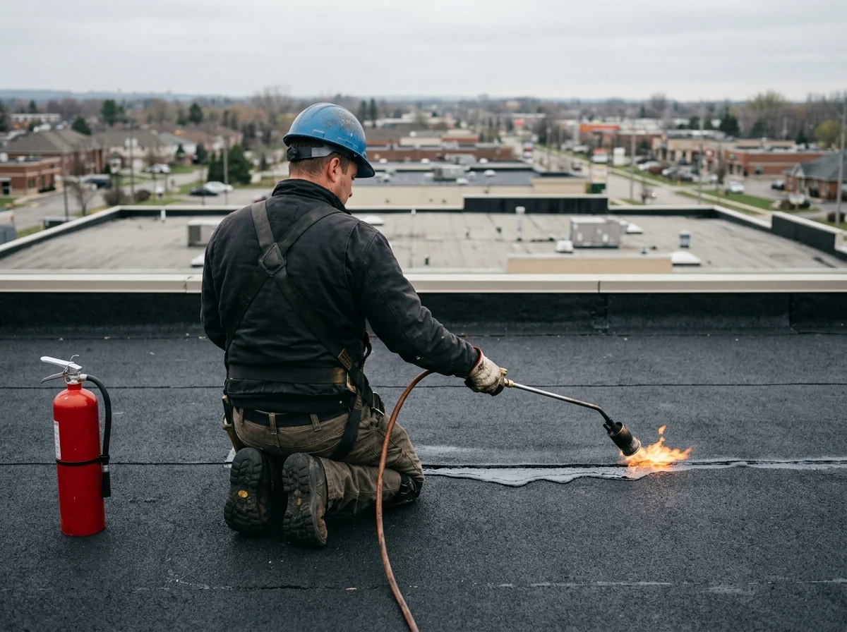 Roofer seen from behind torching the lap of a modified bitumen sheet on a flat commercial roof