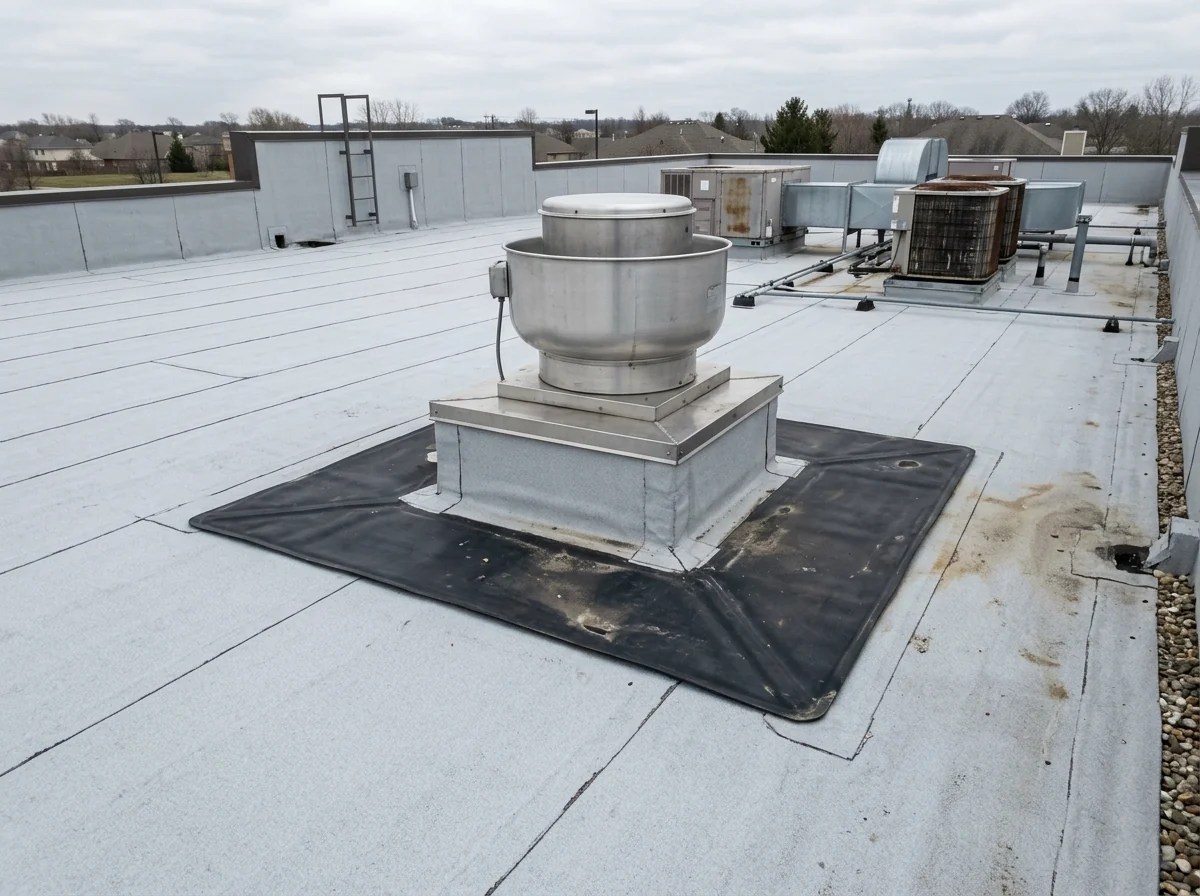 Light grey PVC roof membrane around a restaurant kitchen exhaust fan on a flat roof
