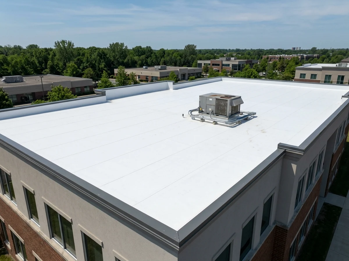 Smooth fully adhered white PVC membrane on a flat office roof with no visible fastener rows