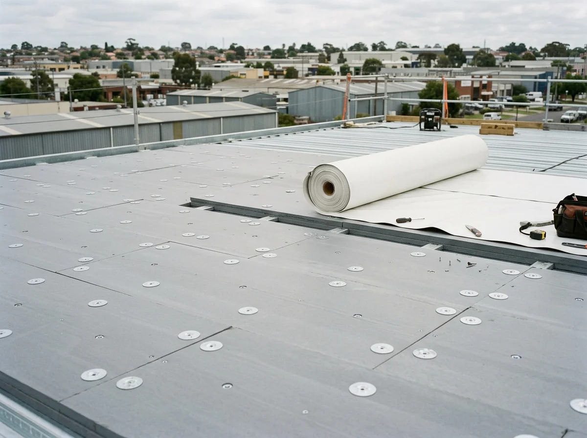 Grid of round fastening plates on insulation boards before a PVC sheet is rolled over them