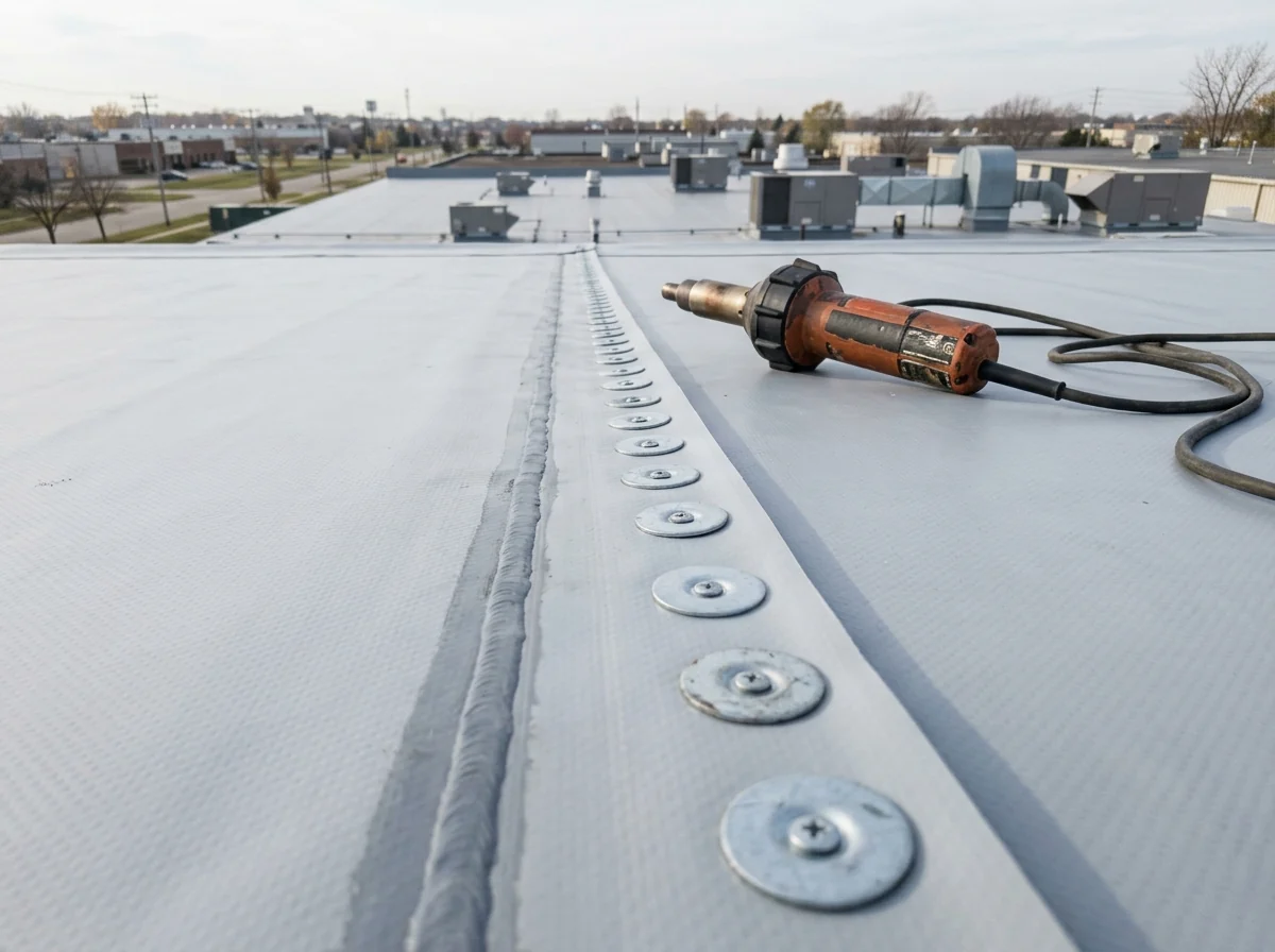 Rows of fastener plates along the seam of a light grey PVC membrane on a flat commercial roof