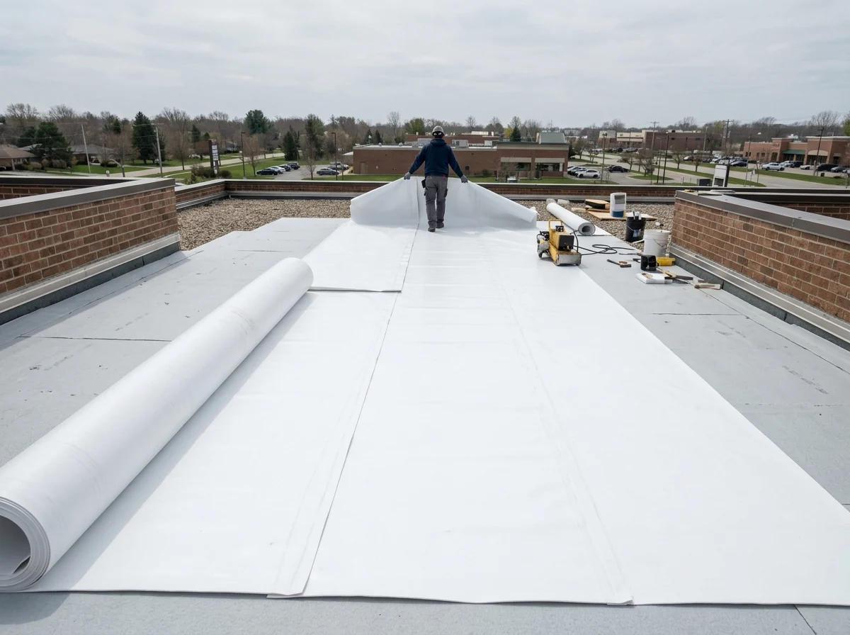 Large prefabricated PVC deck sheet unrolled across an insulated flat roof between parapet walls