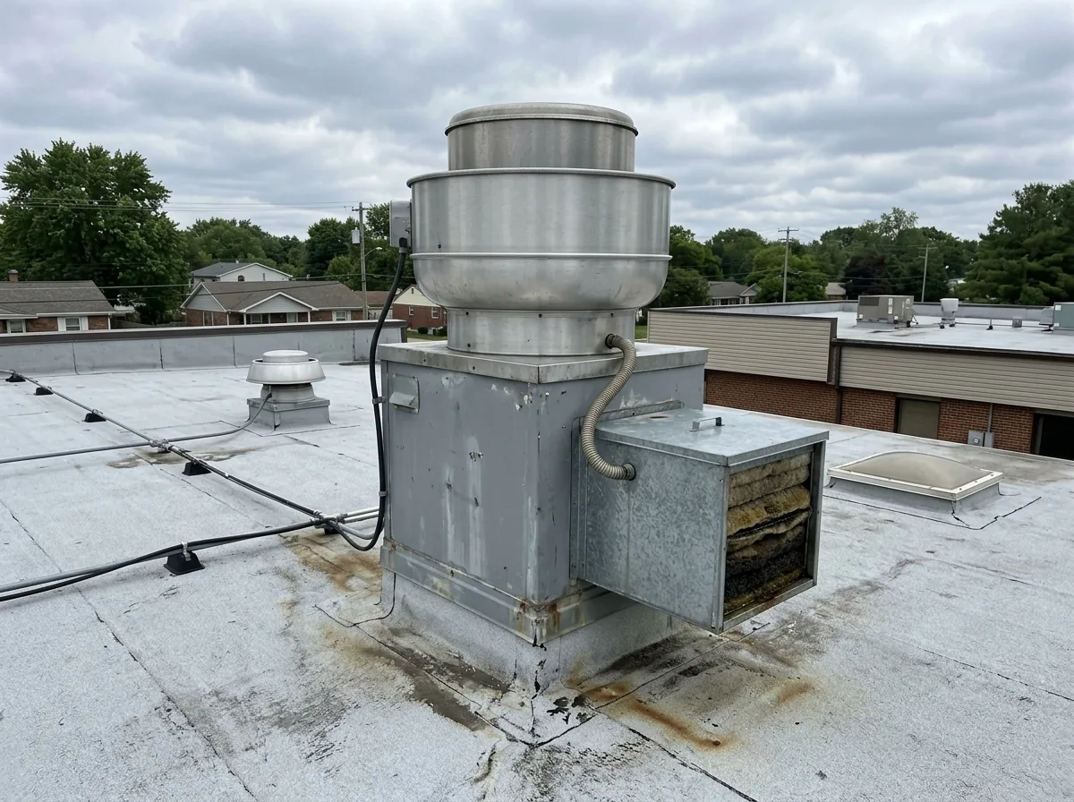 Upblast kitchen exhaust fan on a curb with a grease containment box on a light grey membrane roof
