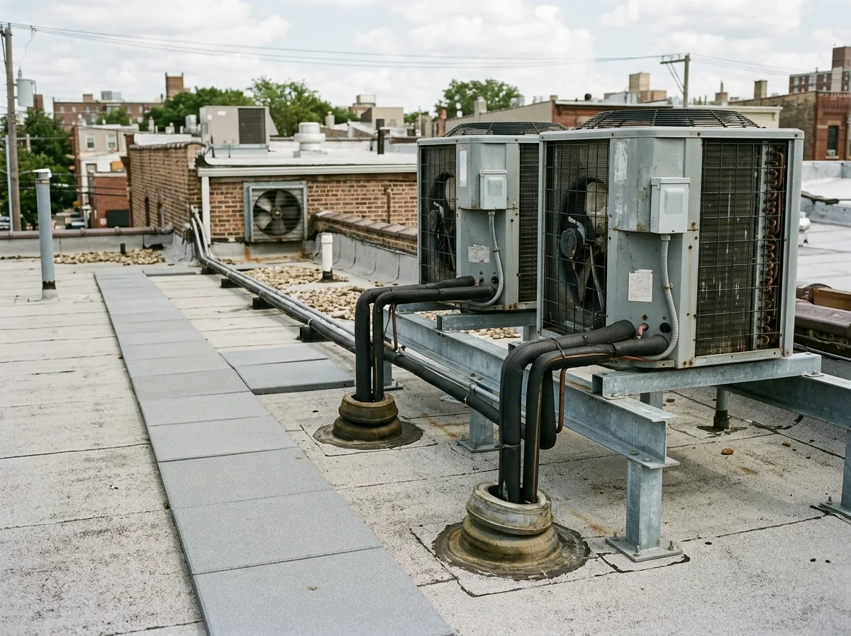 Refrigeration condensing units on steel rails above a flat restaurant roof