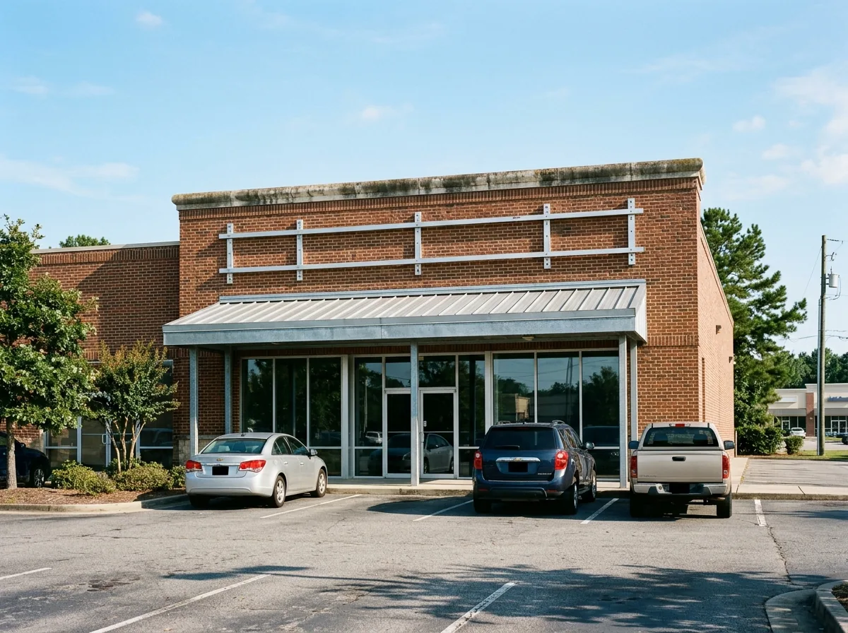 Storefront parapet with sign brackets and a metal canopy on a retail building