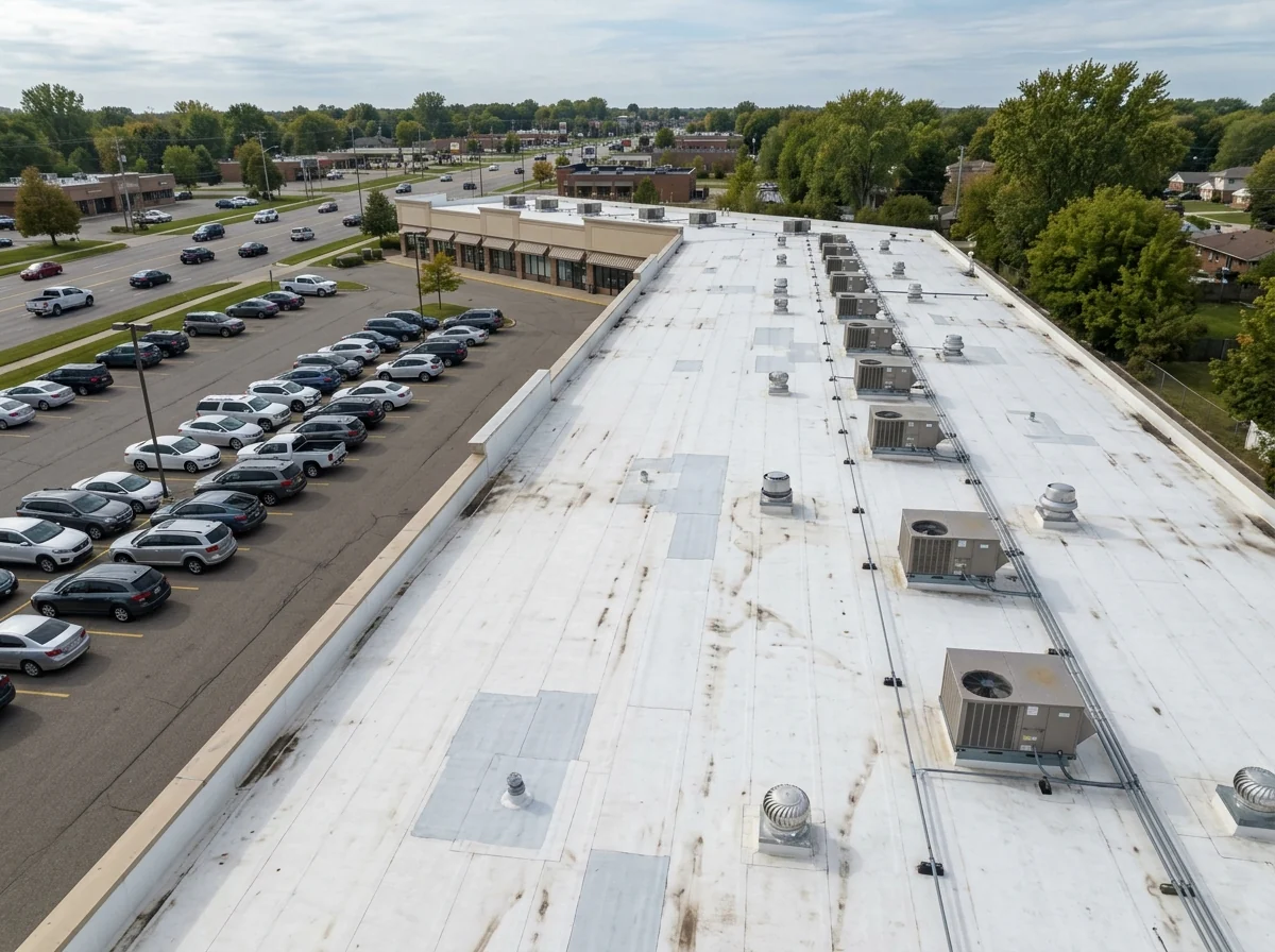 Long flat roof over a suburban strip retail center with rows of rooftop units