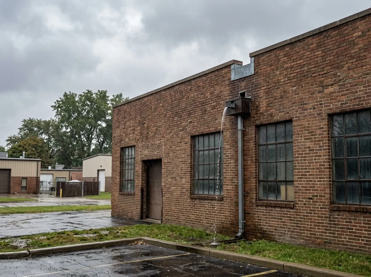Rectangular metal overflow scupper through a brick parapet wall above a flat roof, with a downspout below it
