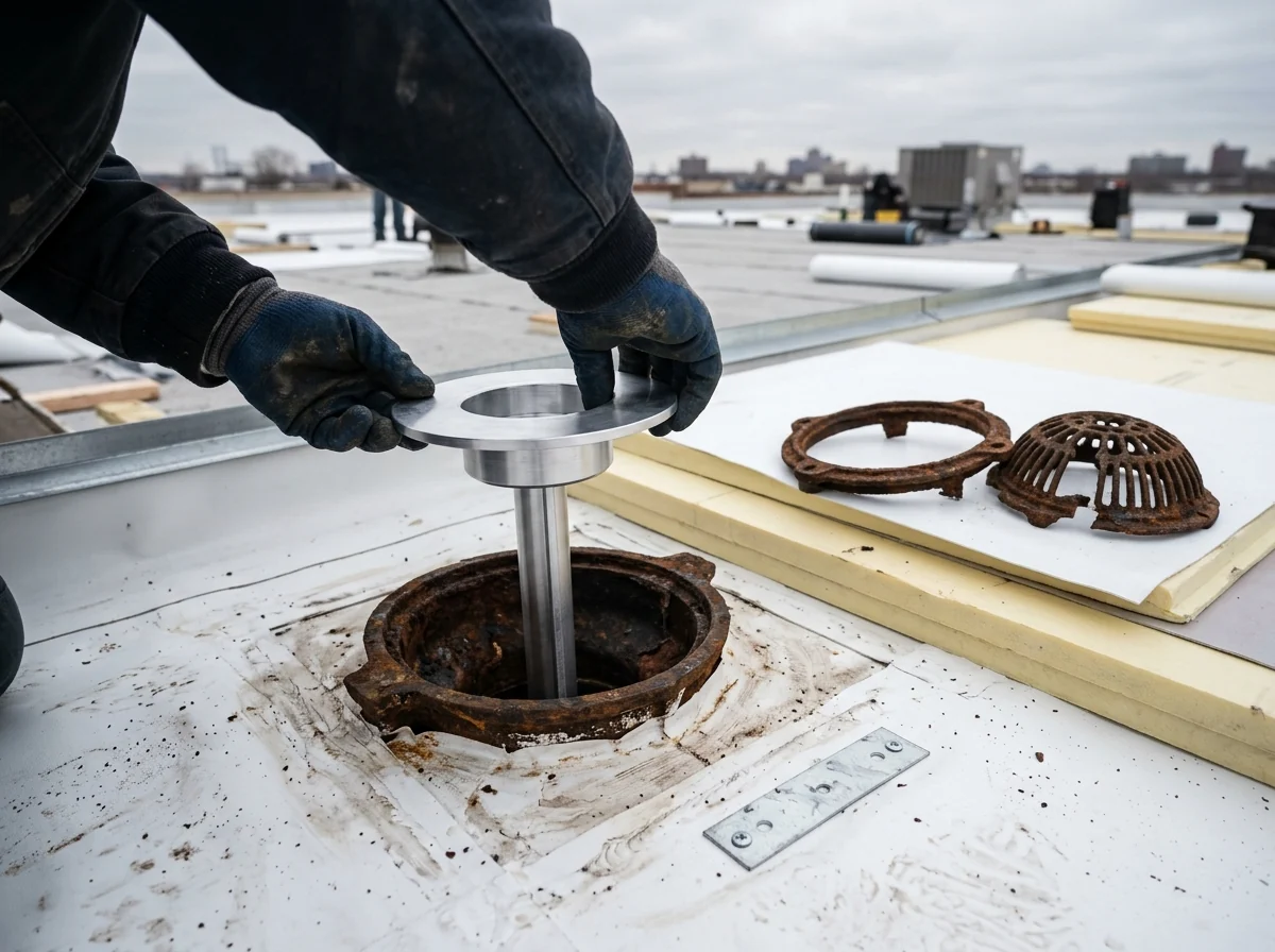 Aluminum retrofit drain insert being lowered into an old cast iron roof drain during a reroof