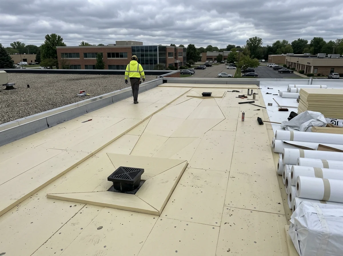 Tapered insulation cricket being installed between two roof drains on a flat roof before the membrane goes down