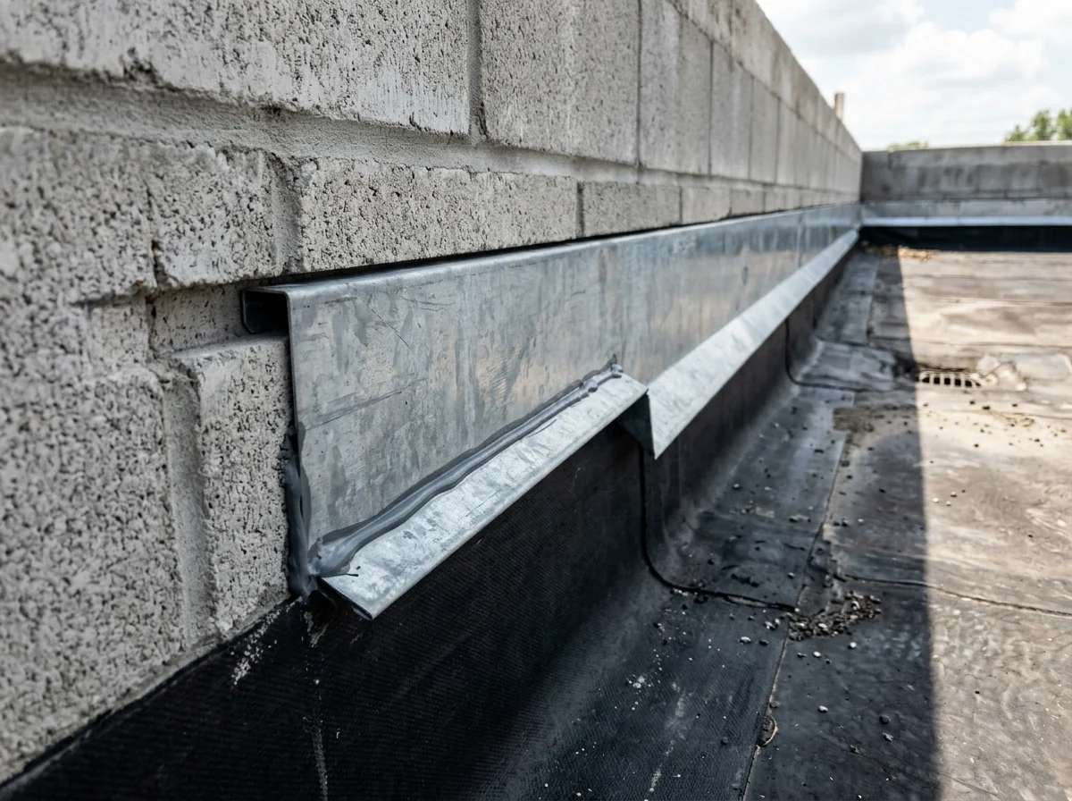 Sheet metal counterflashing set into a reglet over membrane base flashing on a block wall