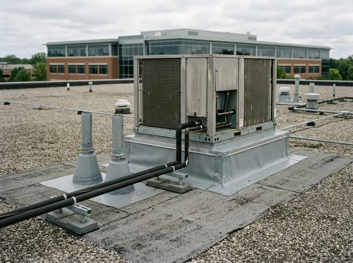 Membrane flashing wrapped around a rooftop unit curb and pipe boots on a flat roof