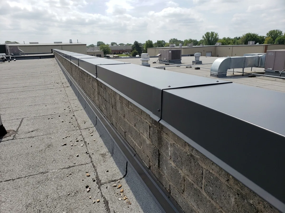 Prefinished metal coping cap with joint covers on top of a commercial parapet wall