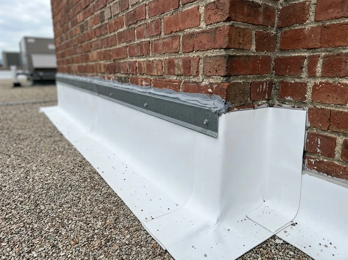 Membrane base flashing turned up a brick parapet wall with a metal termination bar