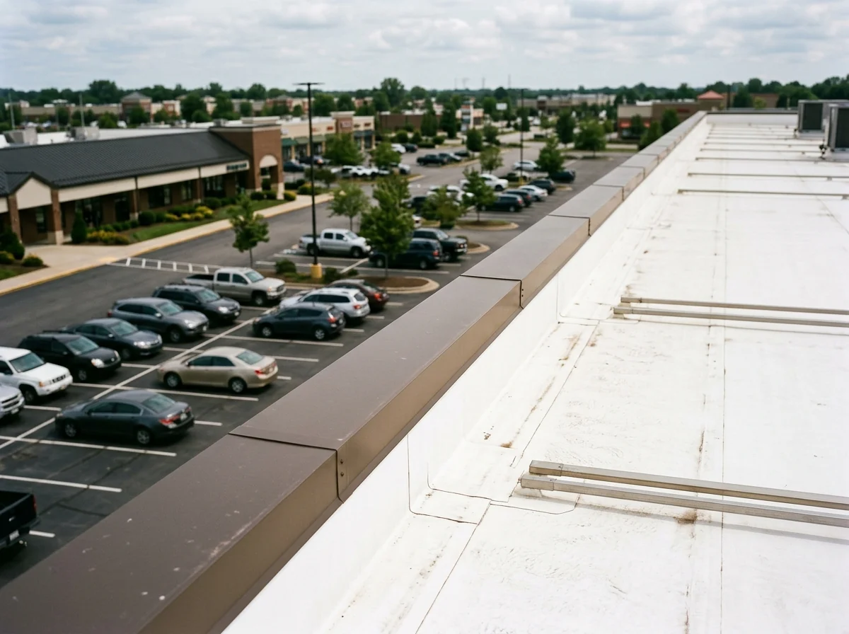 Prefinished metal roof edge and fascia on a white single-ply flat roof