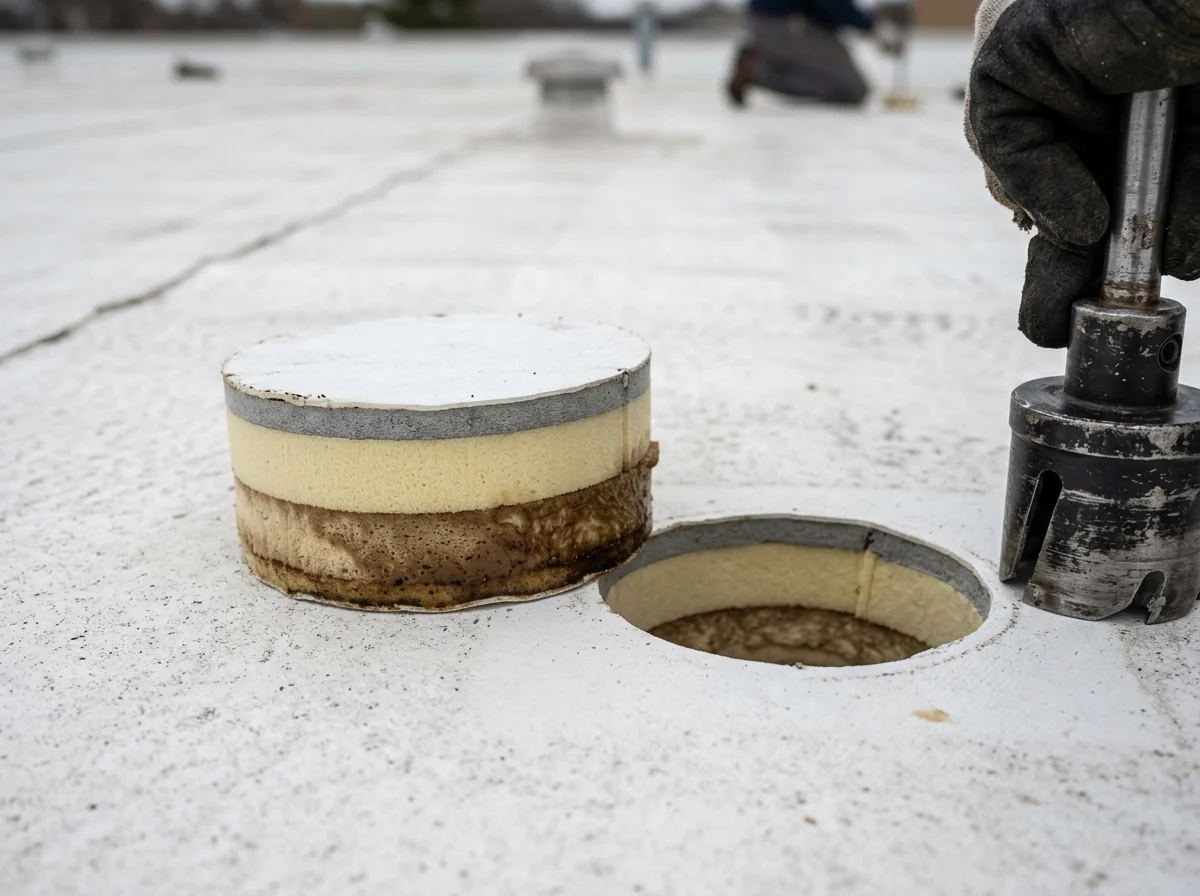 Small circular core sample of membrane, cover board and foam insulation layers lying beside the cut opening on a flat roof