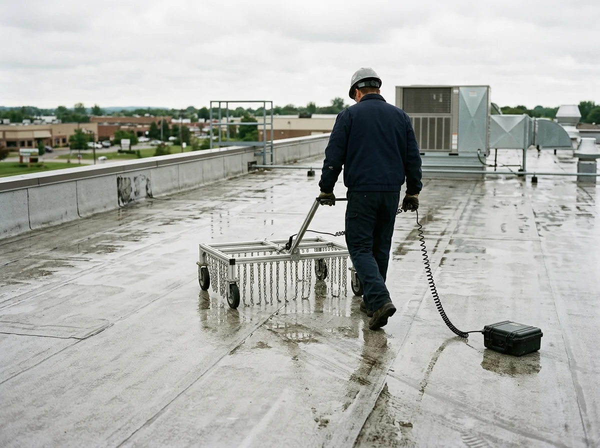 Technician from behind pushing a wheeled scanning platform across a wetted dark roof membrane
