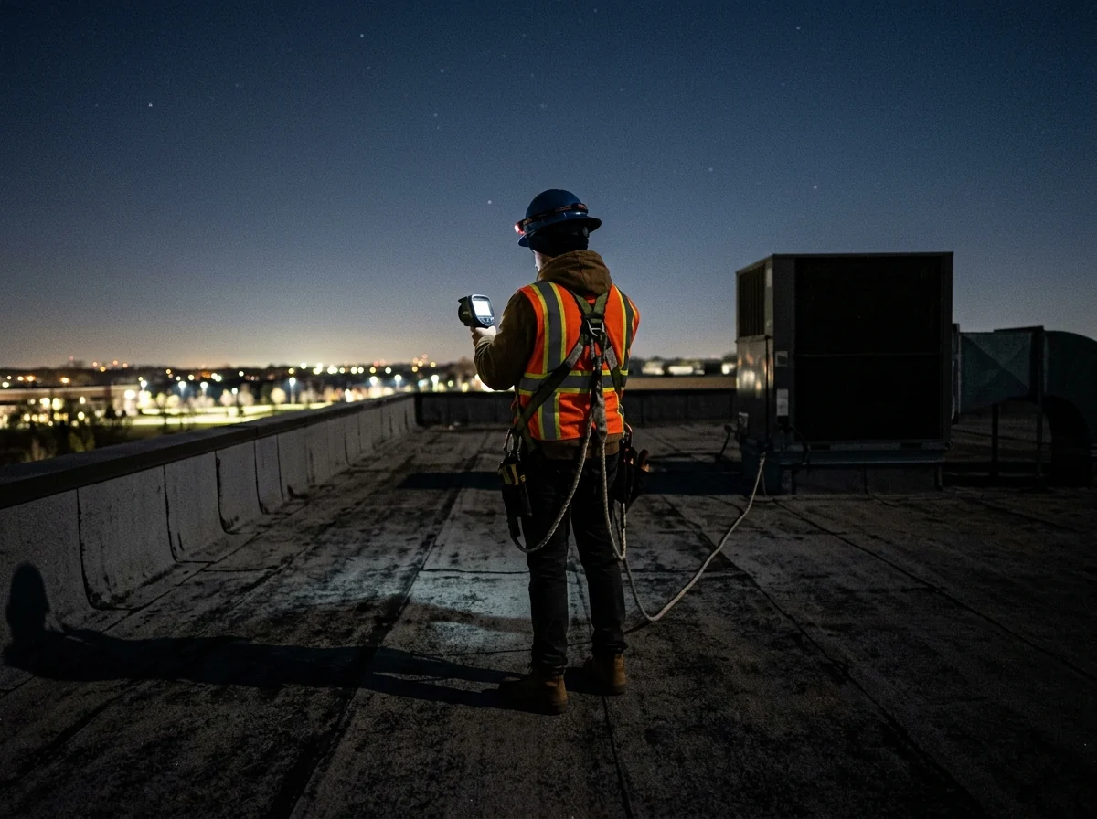 Technician seen from behind scanning a dark flat roof at night with a handheld thermal camera