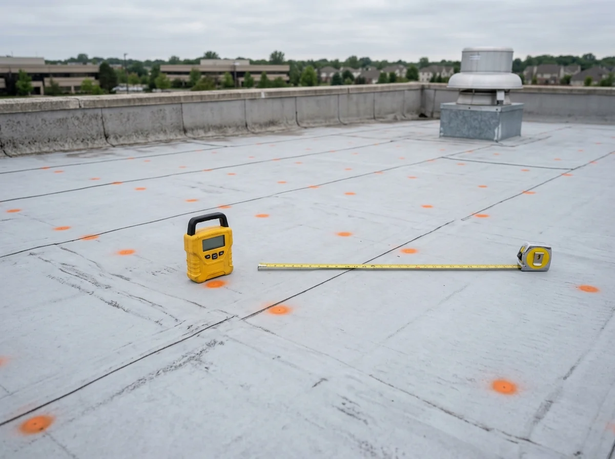 Grid of painted dots on a grey flat roof membrane with a yellow moisture gauge set down at one point