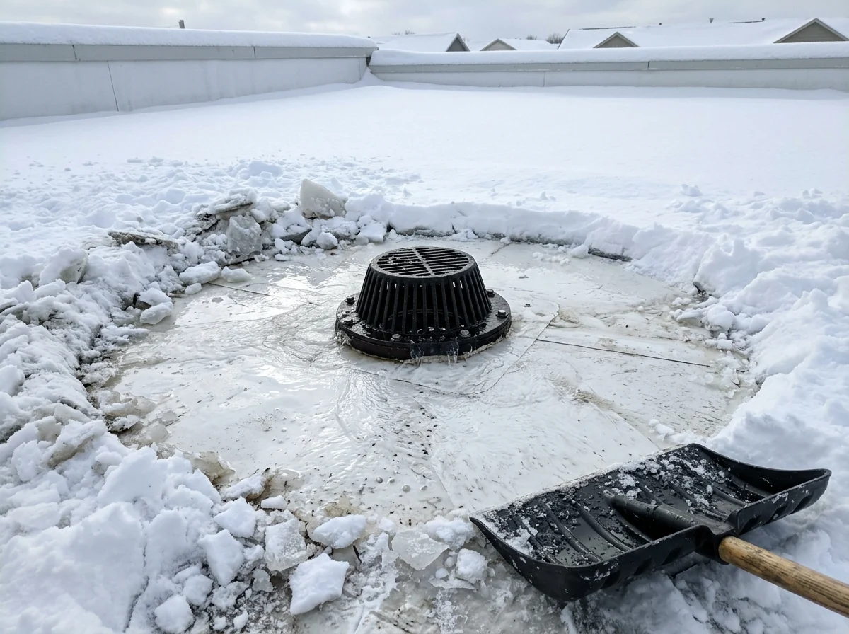 Roof drain with its dome strainer cleared of snow and ice inside a shoveled ring on a white flat roof