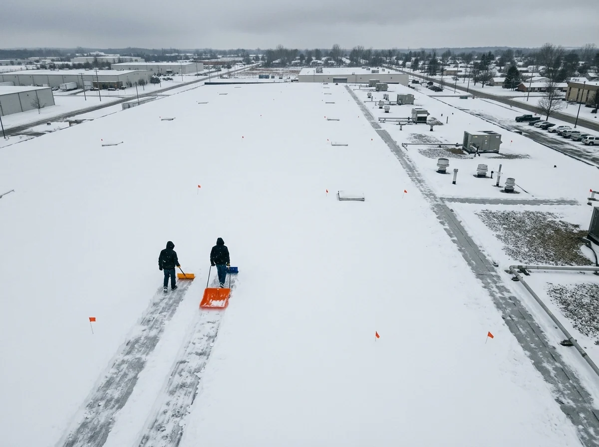 Crew seen from a distance clearing snow in long lanes across a large flat warehouse roof, leaving a thin layer on the membrane