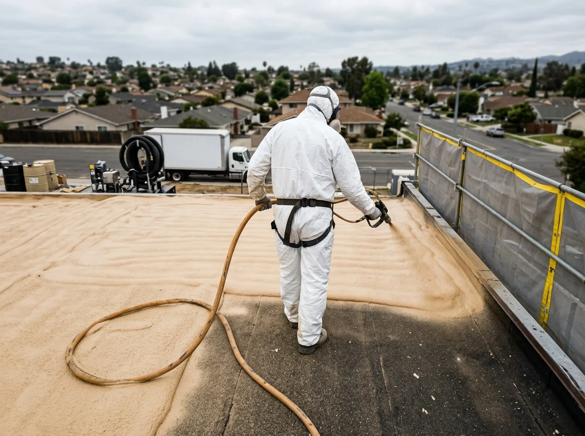 Fresh tan spray polyurethane foam being applied in passes across a flat commercial roof deck