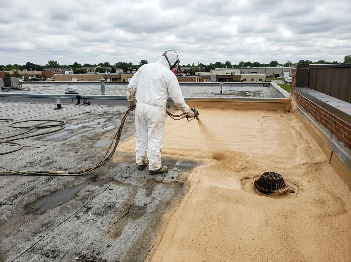 Spray foam being applied over an old smooth-surfaced built-up roof, building up a low area near a drain
