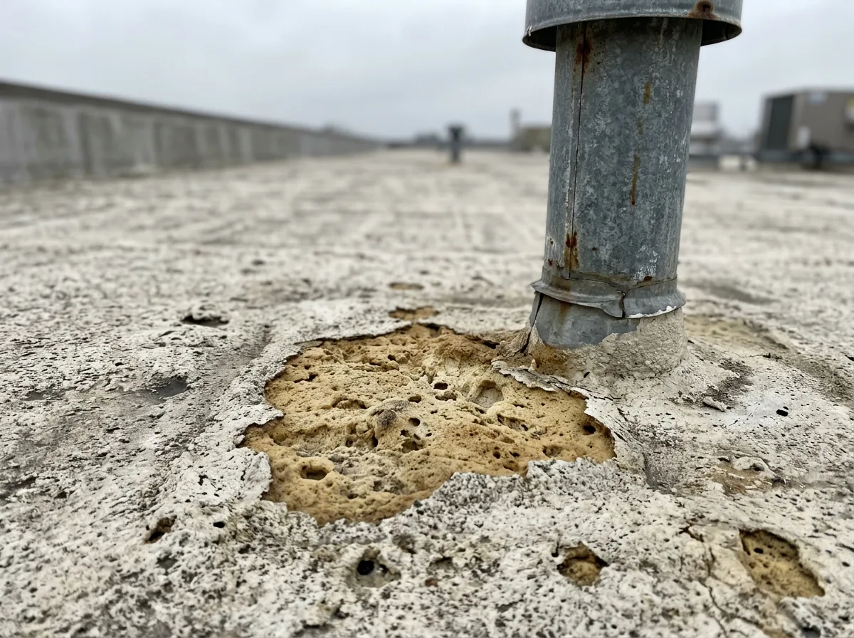 Close view of a weathered spray foam roof with a worn coating patch around a rooftop vent