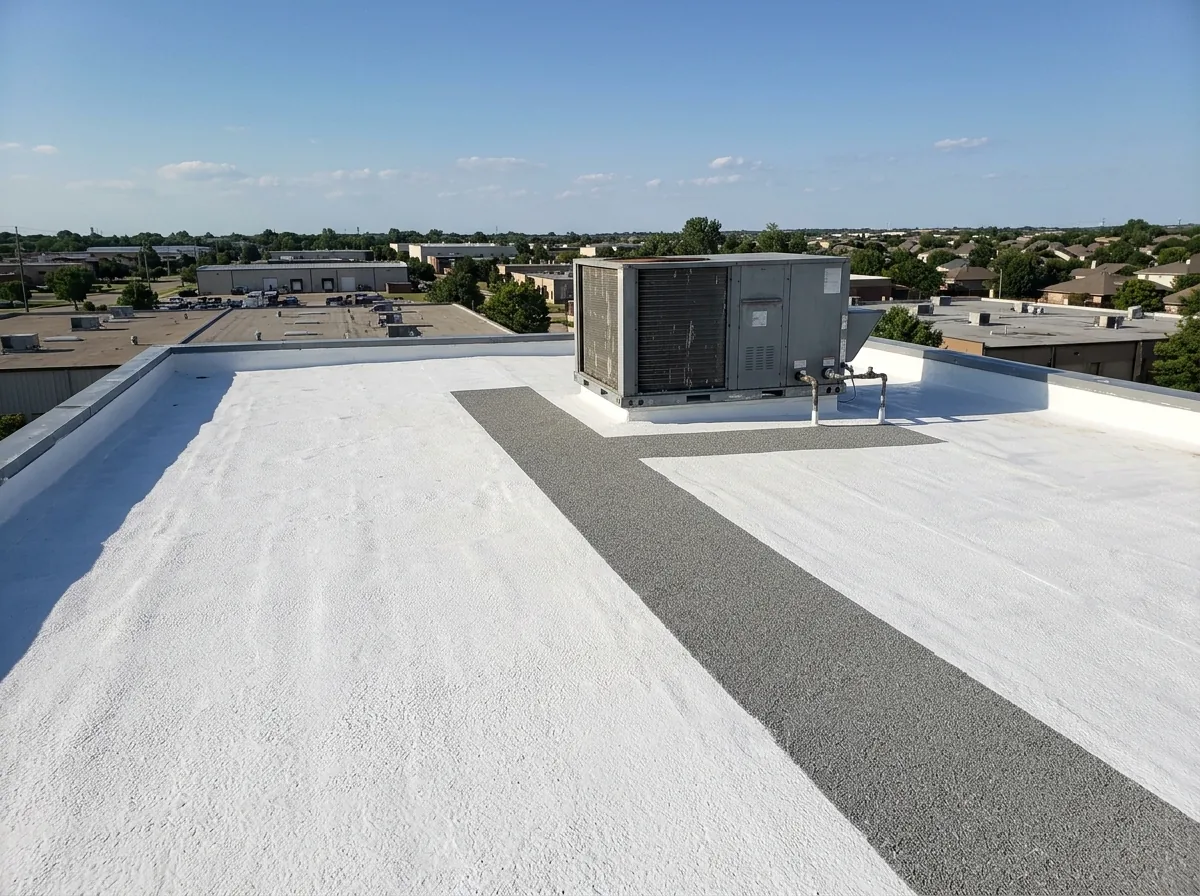 White elastomeric topcoat with embedded granules on a spray foam roof walkway path