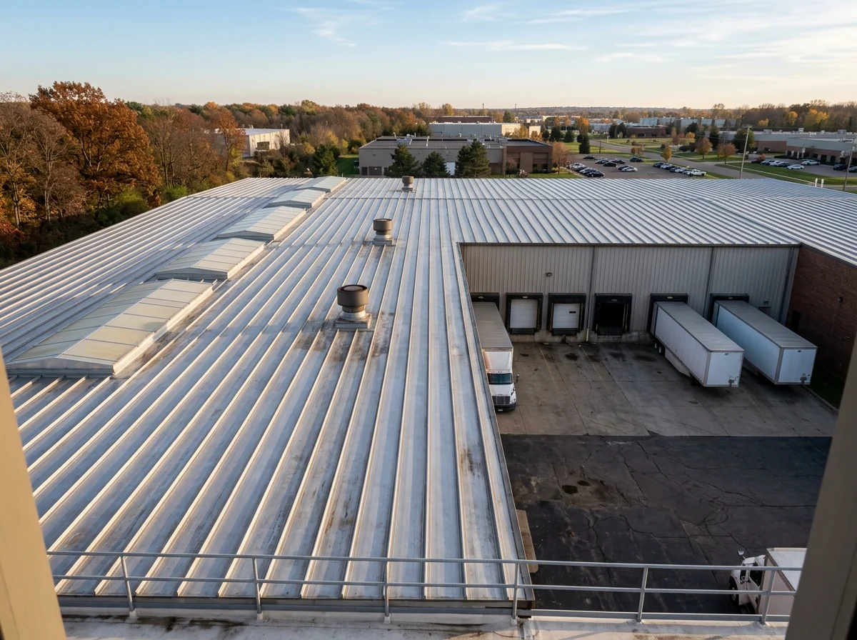 Low-slope standing seam metal roof on a light-industrial warehouse building