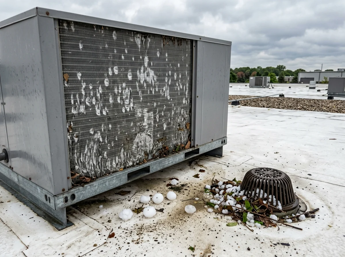 Rooftop HVAC condenser coil with hail-dented fins on a flat commercial roof