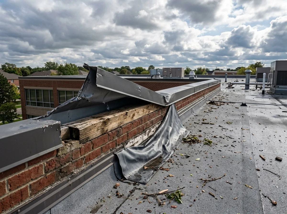 Section of metal coping lifted off a parapet wall above a flat roof after a windstorm