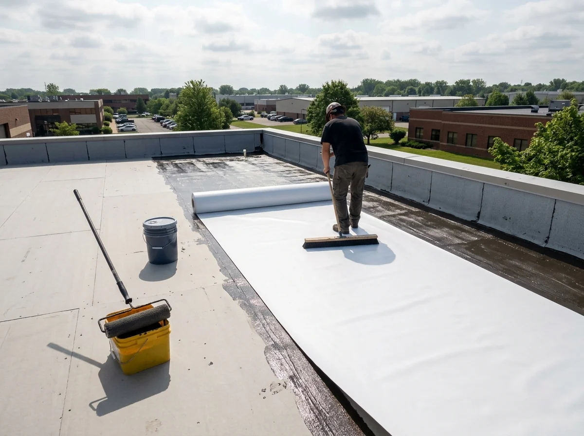 White TPO sheet being pressed into bonding adhesive over a cover board on a flat roof