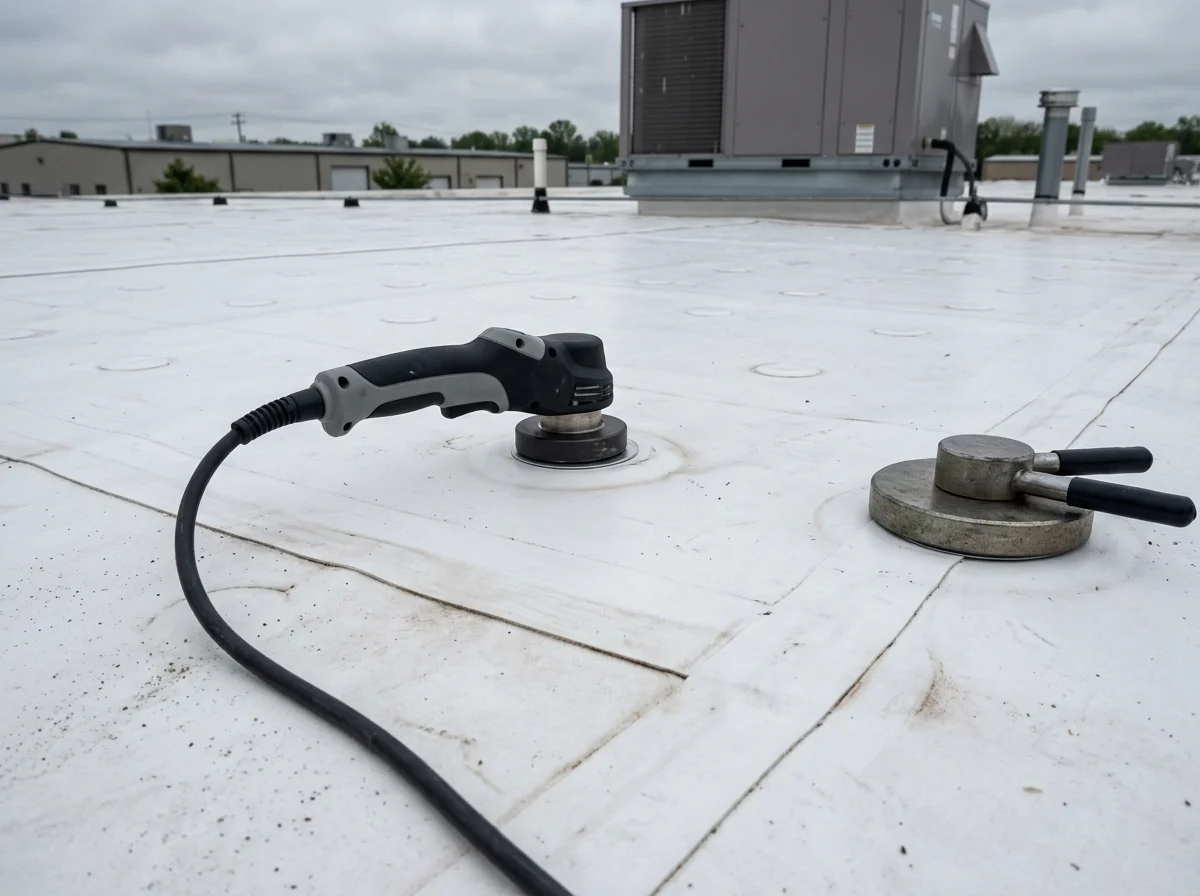 Induction welding tool set over a fastening plate beneath a white TPO membrane