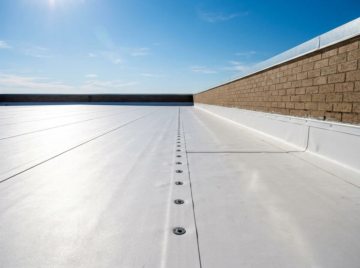 White TPO roof membrane with heat-welded seams running toward a parapet wall